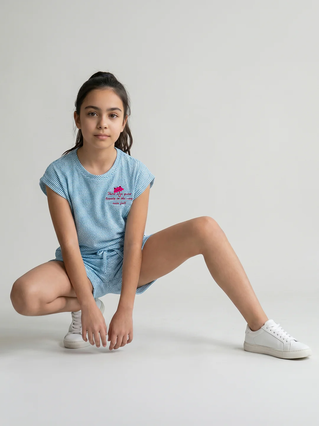 Girls Blue Jacquard Round Neck Half Sleeve Cords Set - Image 5