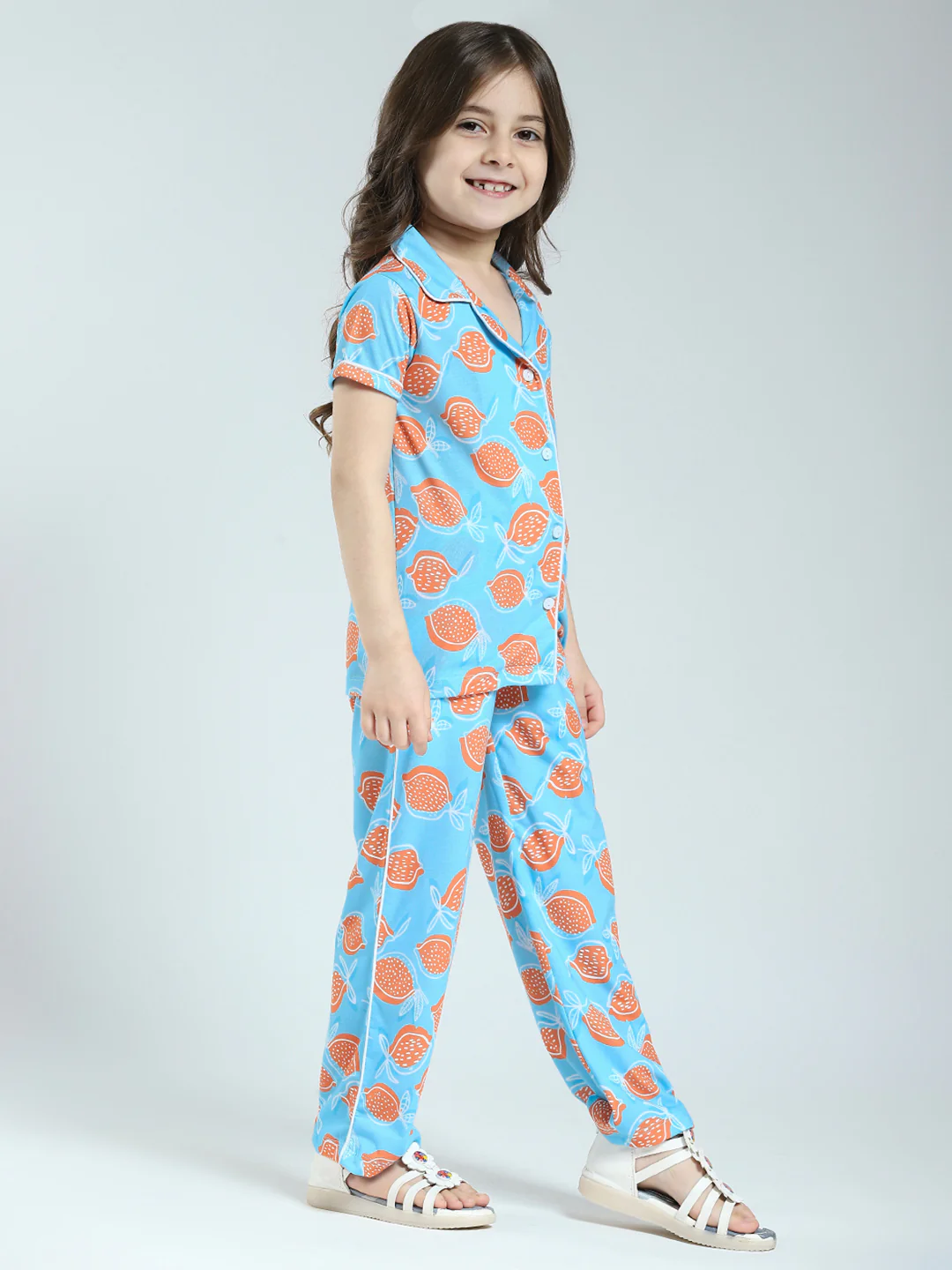 Girls Blue Printed Collar Half Sleeve Lower Set - Image 4