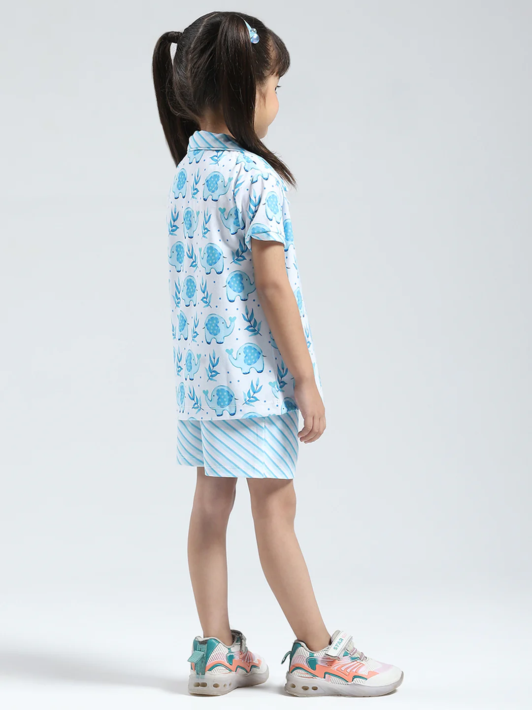 Girls Blue Printed Collar Half Sleeve Shorts Set - Image 5