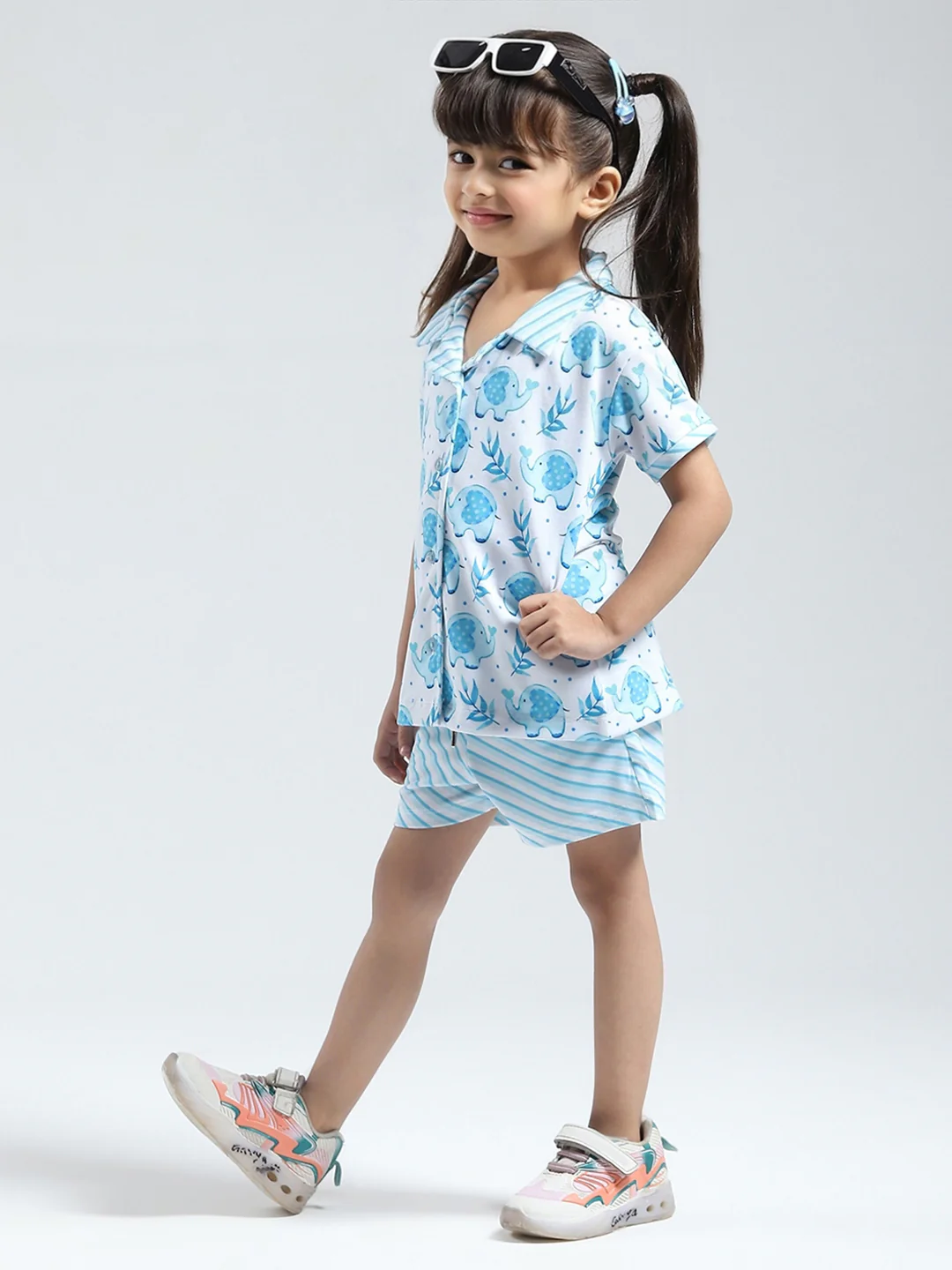 Girls Blue Printed Collar Half Sleeve Shorts Set - Image 6