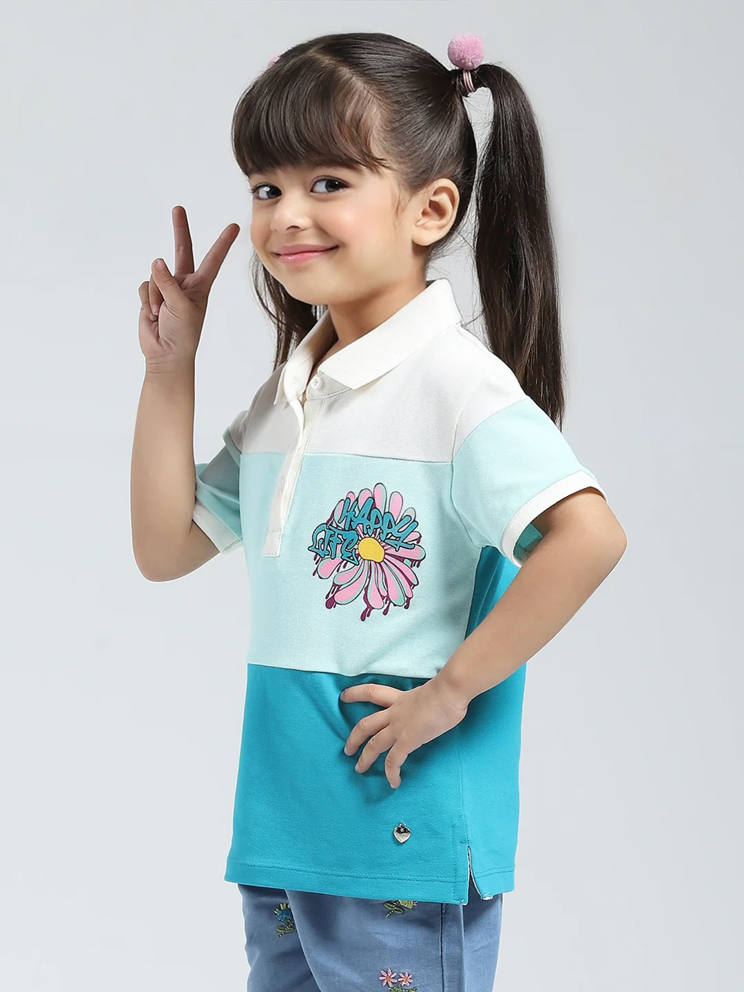Girls Blue Printed Collar Half Sleeve T-Shirt - Image 3