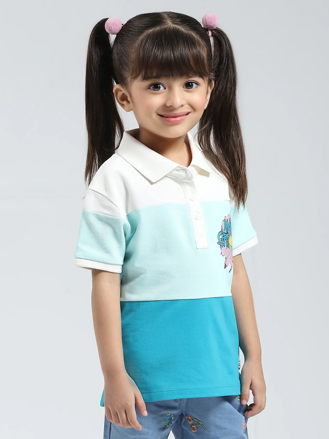 Girls Blue Printed Collar Half Sleeve T-Shirt - Image 4