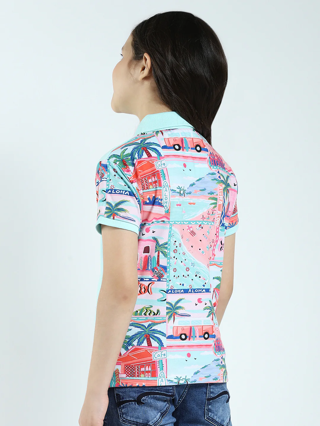 Girls Blue Printed Collar Half Sleeve T-Shirt - Image 5