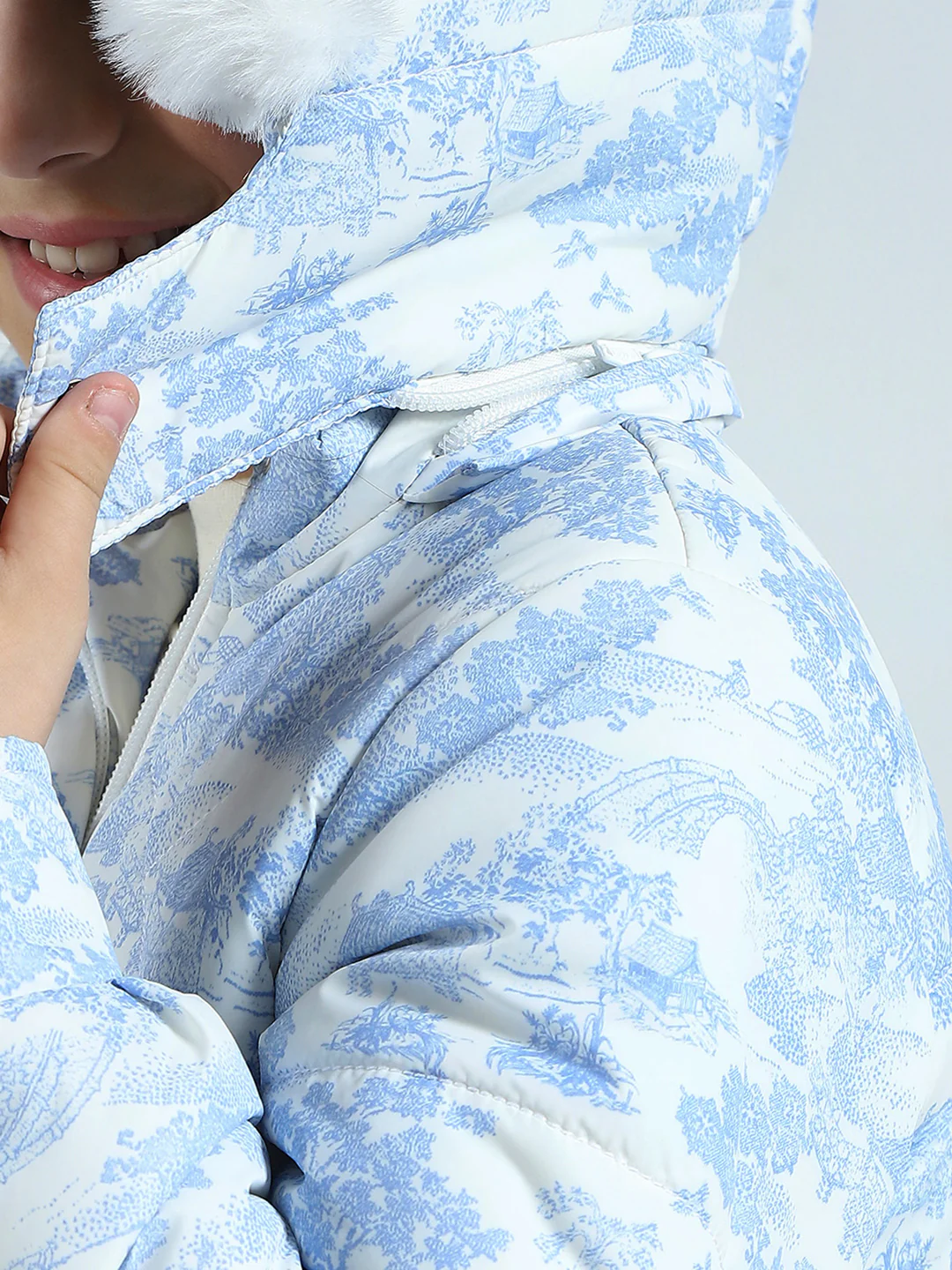 Girls Blue Printed Detachable Hood Full Sleeve Jacket - Image 7