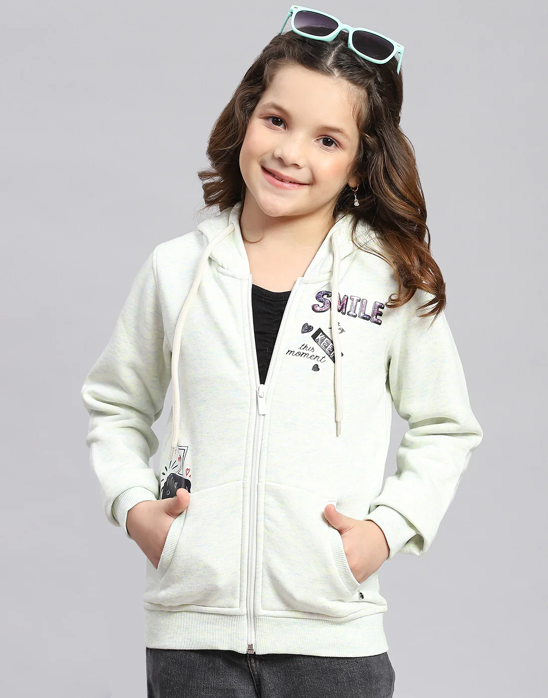 Girls Blue Printed Hooded Full Sleeve Sweatshirt - Image 3