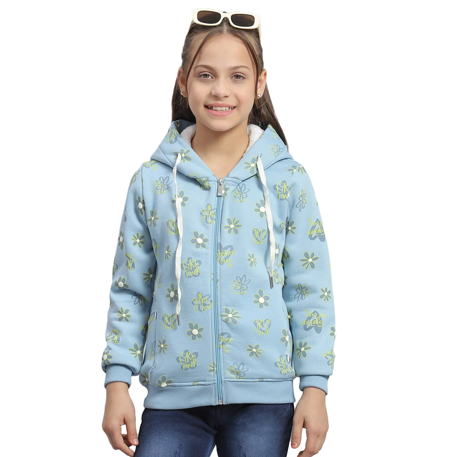Girls Blue Printed Hooded Full Sleeve Sweatshirt - Image 5