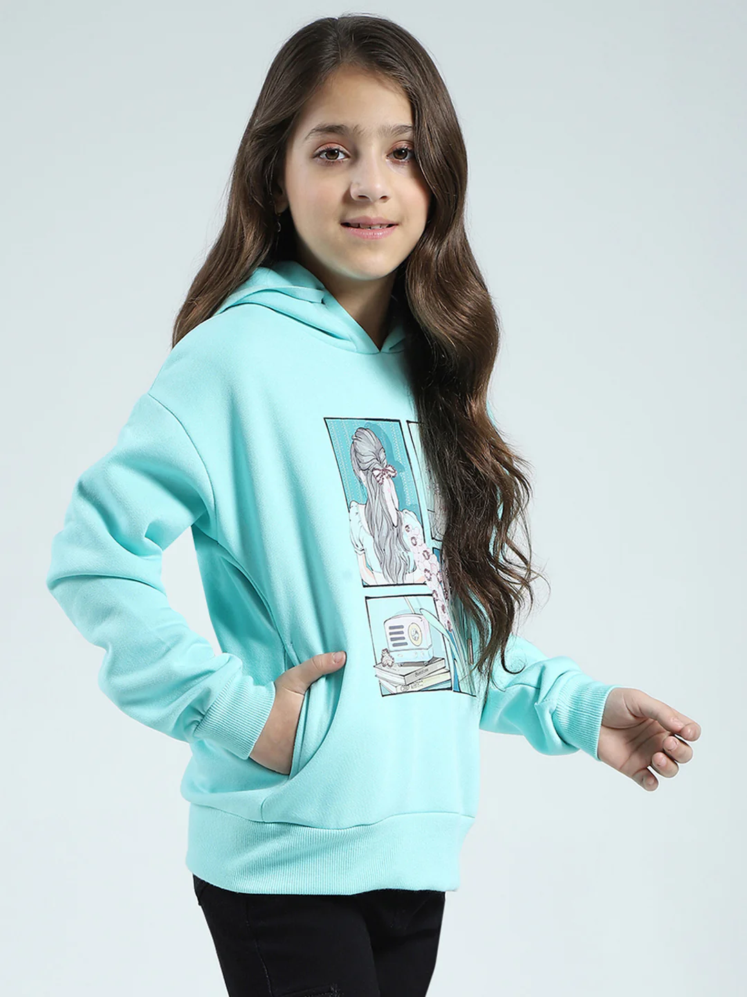 Girls Blue Printed Hooded Full Sleeve Sweatshirt - Image 4