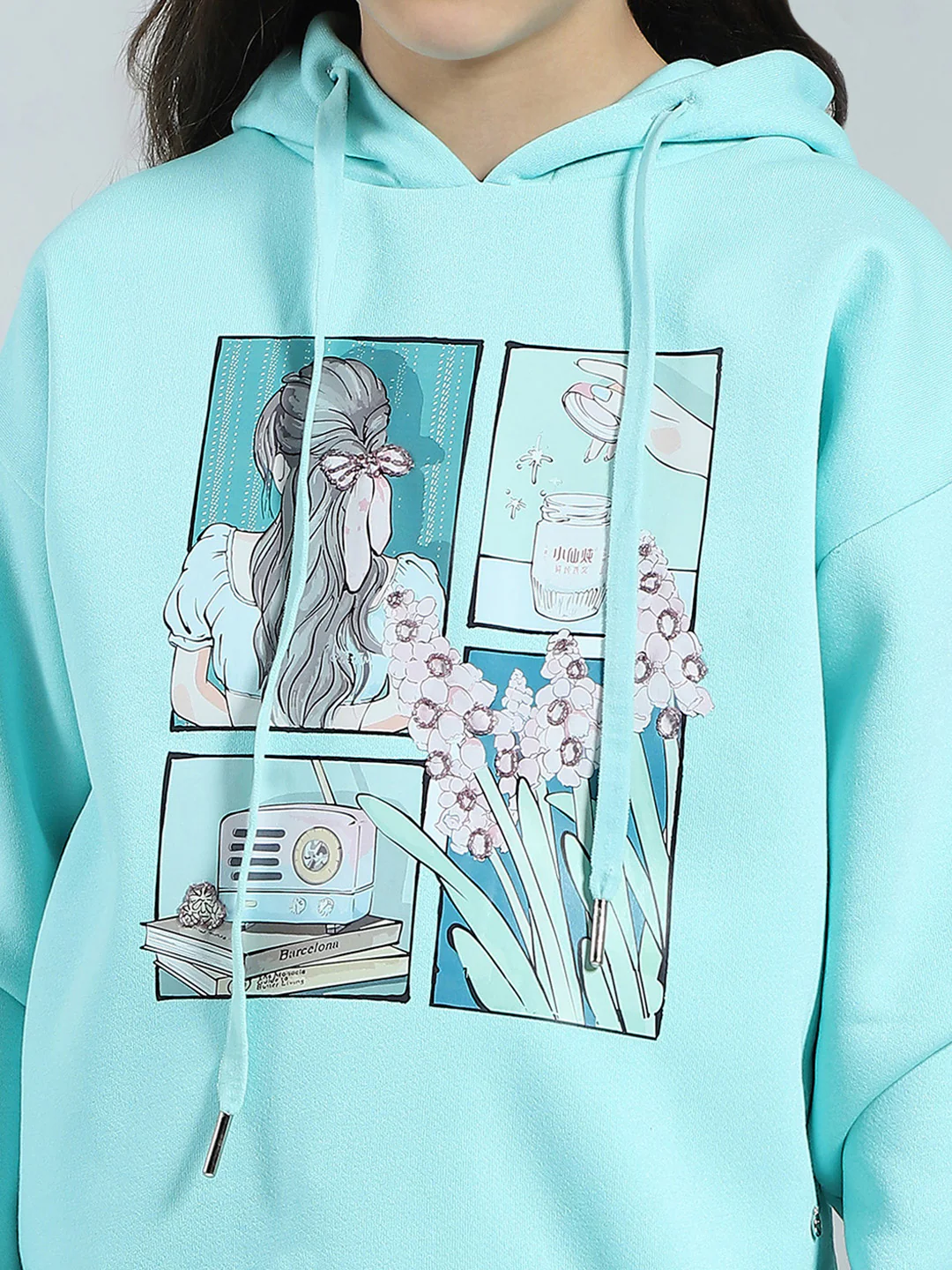 Girls Blue Printed Hooded Full Sleeve Sweatshirt - Image 6
