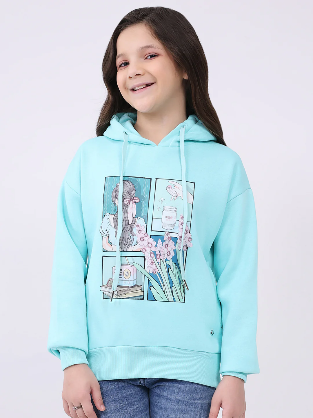 Girls Blue Printed Hooded Full Sleeve Sweatshirt