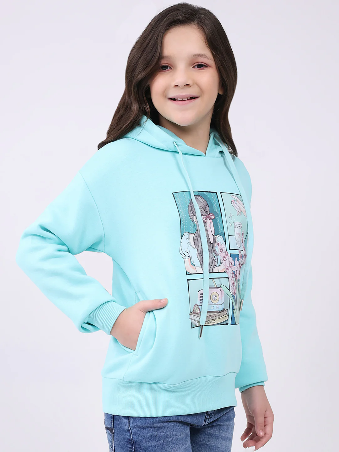 Girls Blue Printed Hooded Full Sleeve Sweatshirt - Image 4