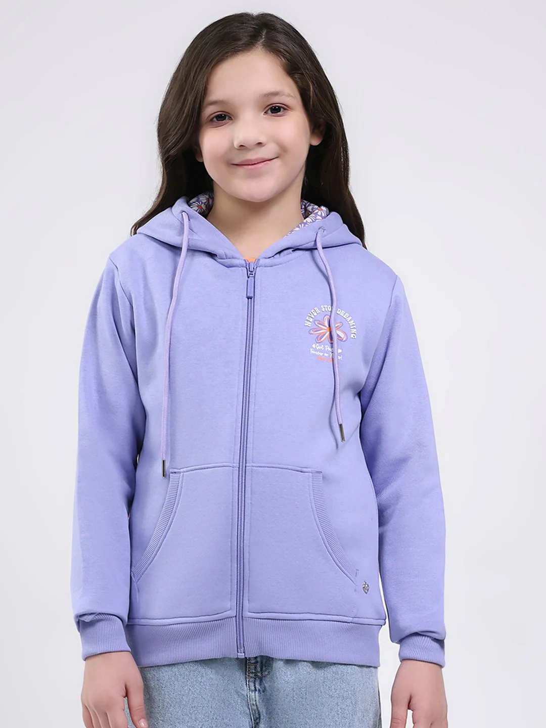 Girls Blue Printed Hooded Full Sleeve Sweatshirt