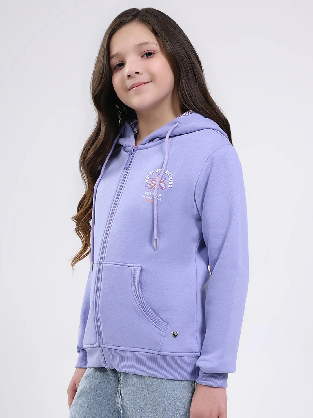 Girls Blue Printed Hooded Full Sleeve Sweatshirt - Image 3