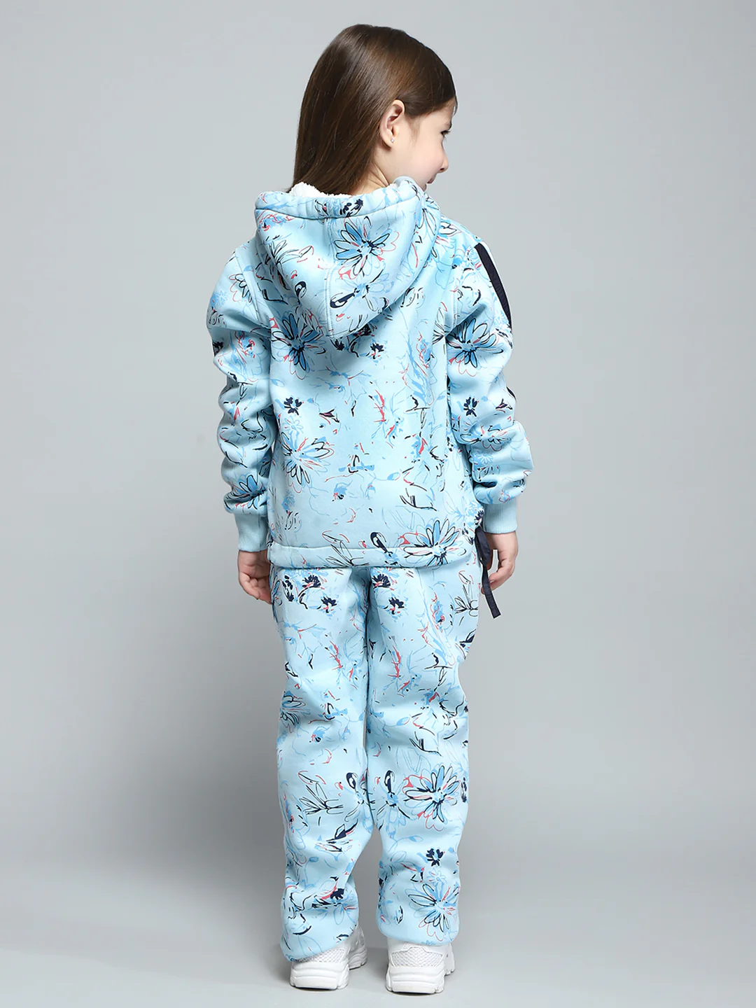 Girls Blue Printed Hooded Full Sleeve Tracksuit - Image 5
