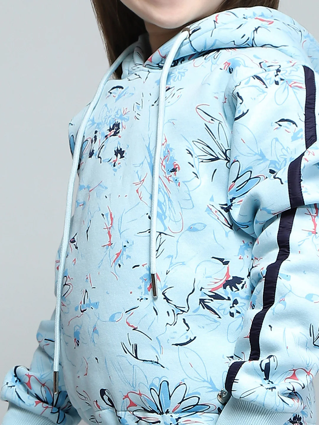 Girls Blue Printed Hooded Full Sleeve Tracksuit - Image 6
