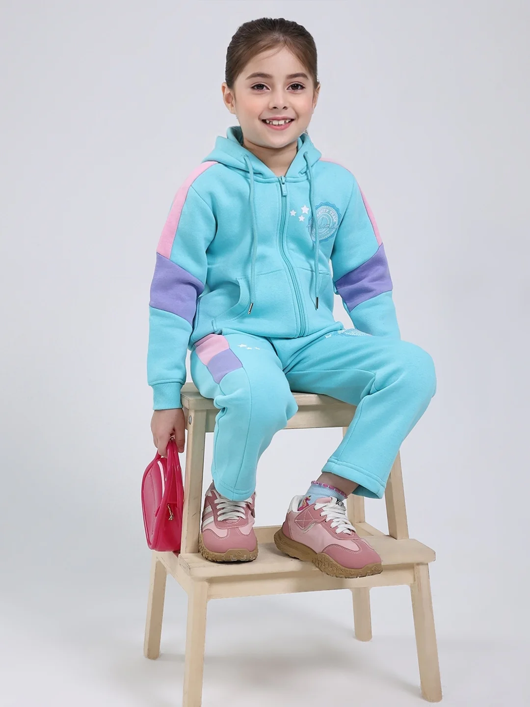 Girls Blue Printed Hooded Full Sleeve Tracksuit - Image 2
