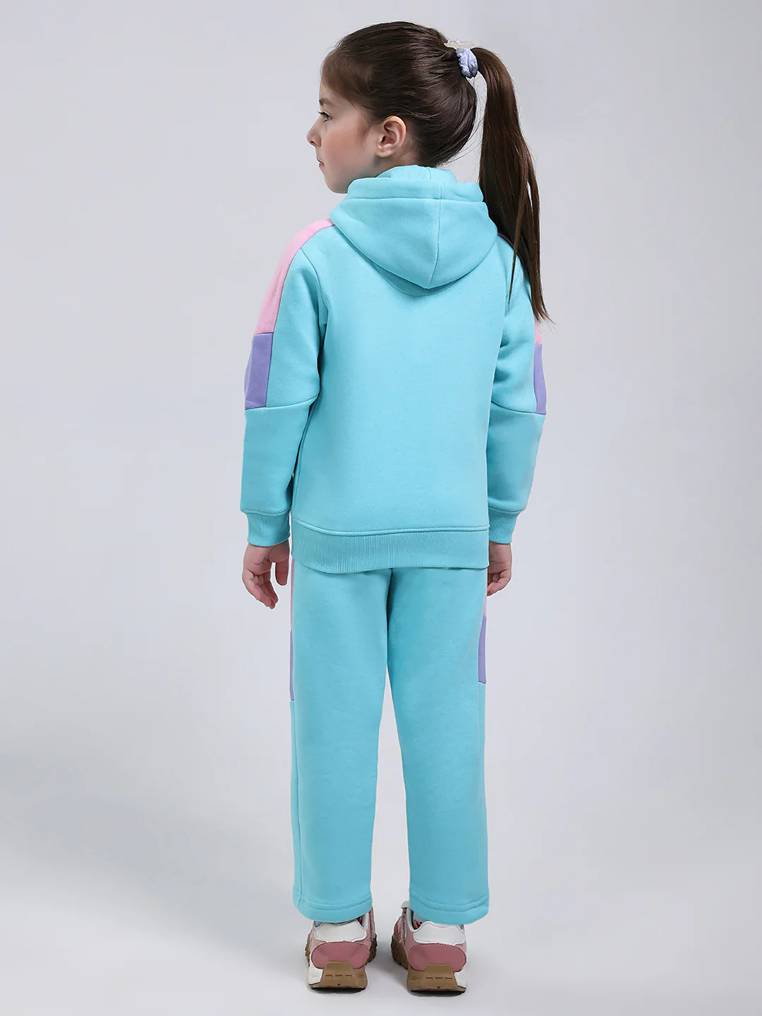 Girls Blue Printed Hooded Full Sleeve Tracksuit - Image 5