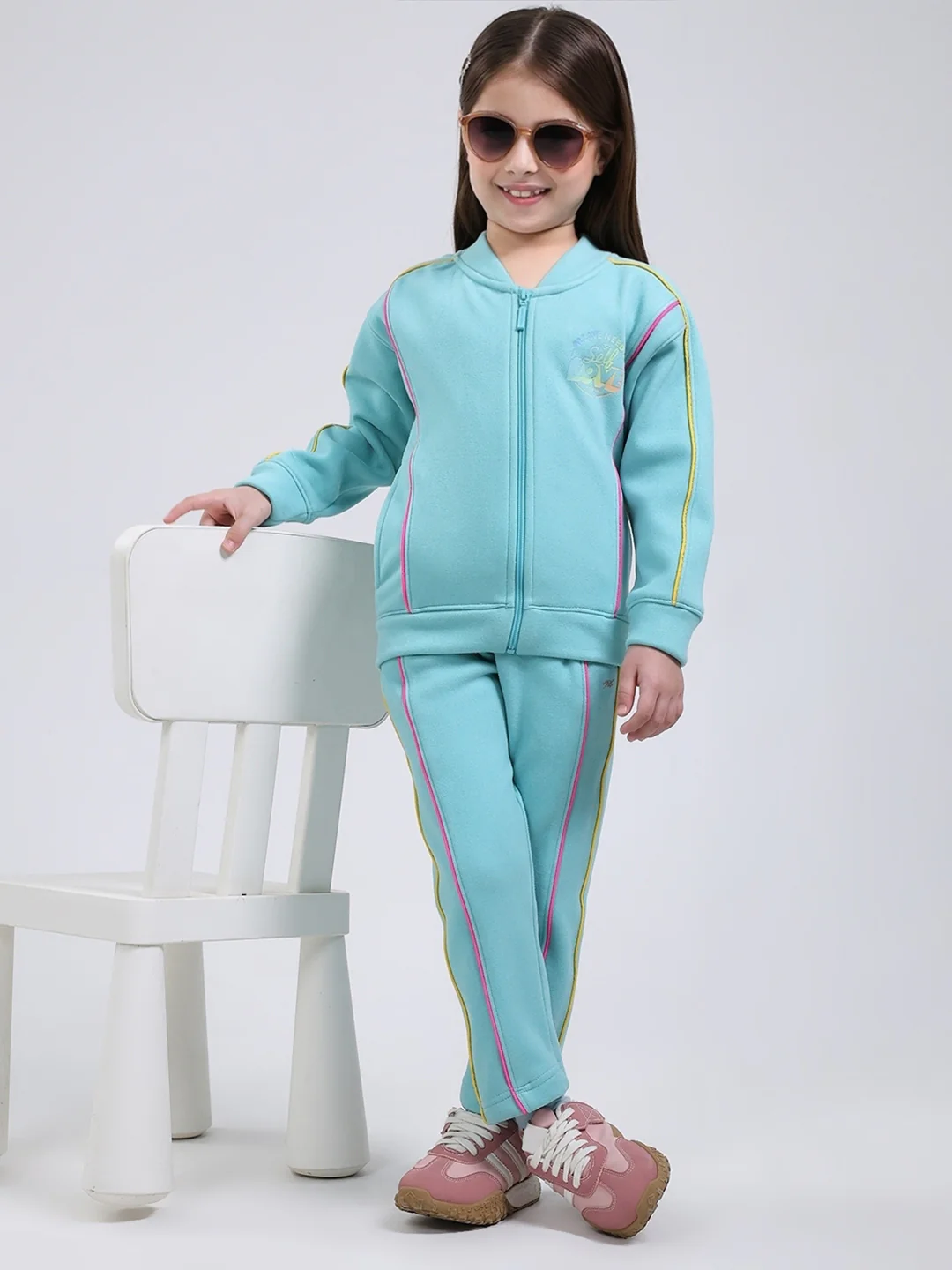 Girls Blue Printed Mock Neck Full Sleeve Tracksuit - Image 2