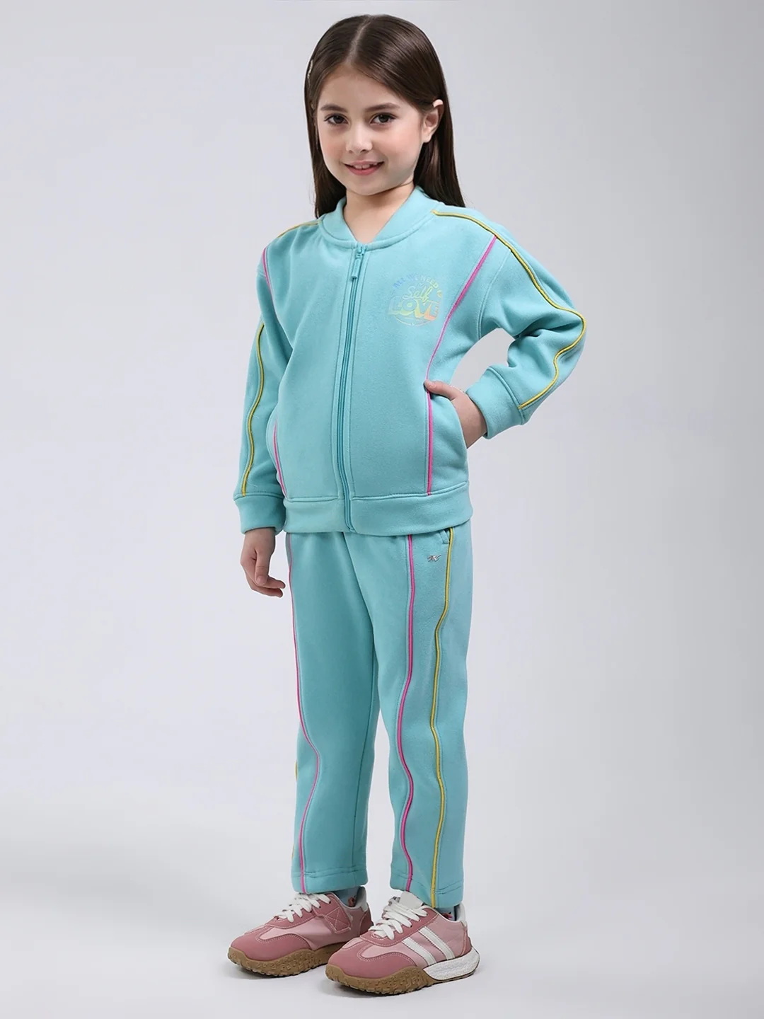 Girls Blue Printed Mock Neck Full Sleeve Tracksuit - Image 3