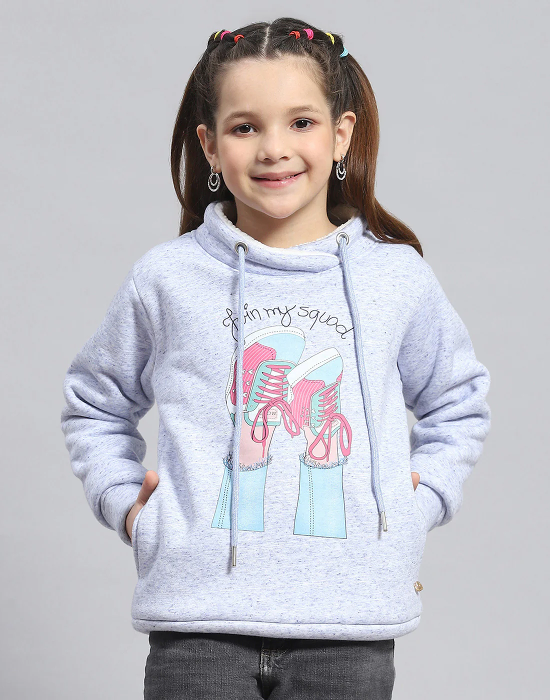 Girls Blue Printed Round Neck Full Sleeve Sweatshirt - Image 2