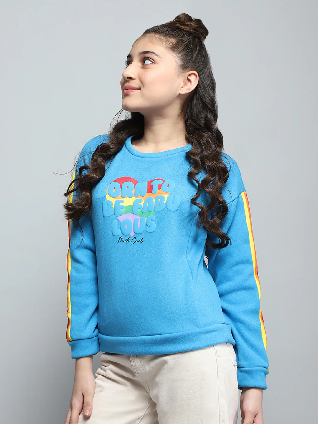 Girls Blue Printed Round Neck Full Sleeve Sweatshirt - Image 3