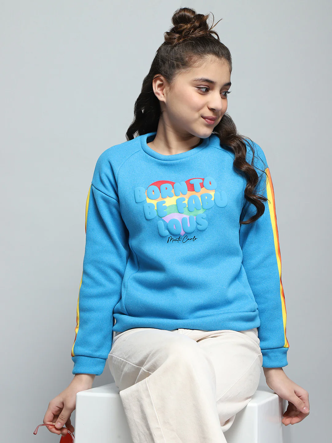 Girls Blue Printed Round Neck Full Sleeve Sweatshirt - Image 7