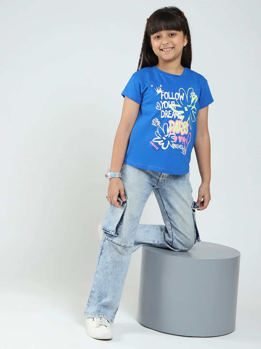 Girls Blue Printed Round Neck Half Sleeve Top - Image 2