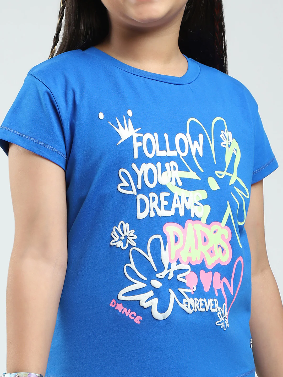 Girls Blue Printed Round Neck Half Sleeve Top - Image 6