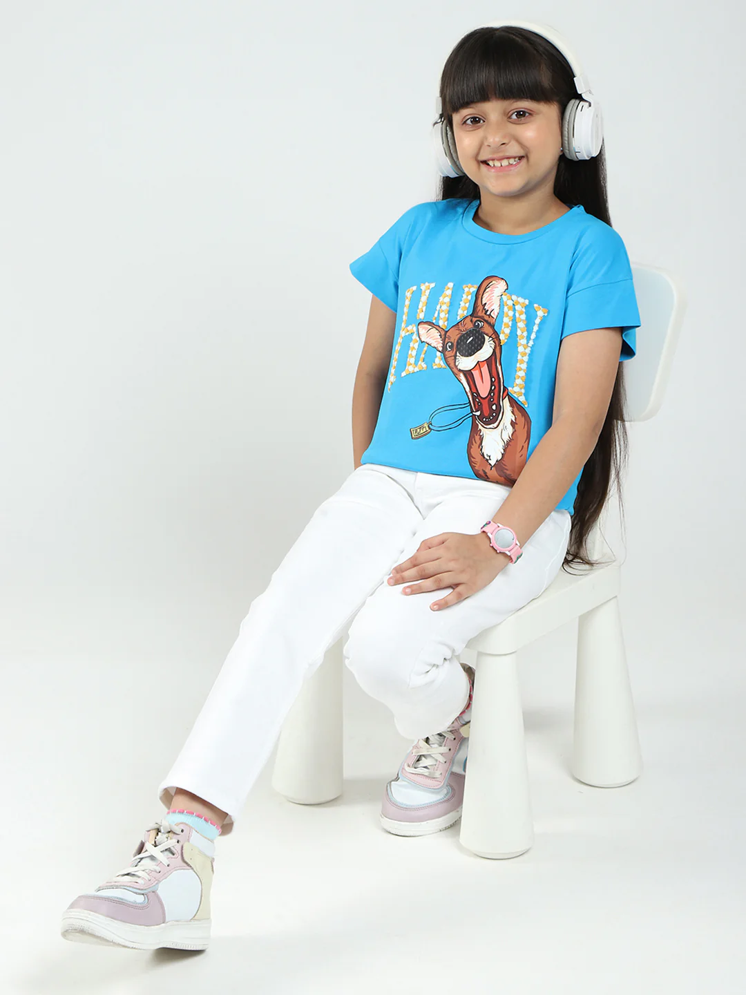 Girls Blue Printed Round Neck Half Sleeve Top - Image 2