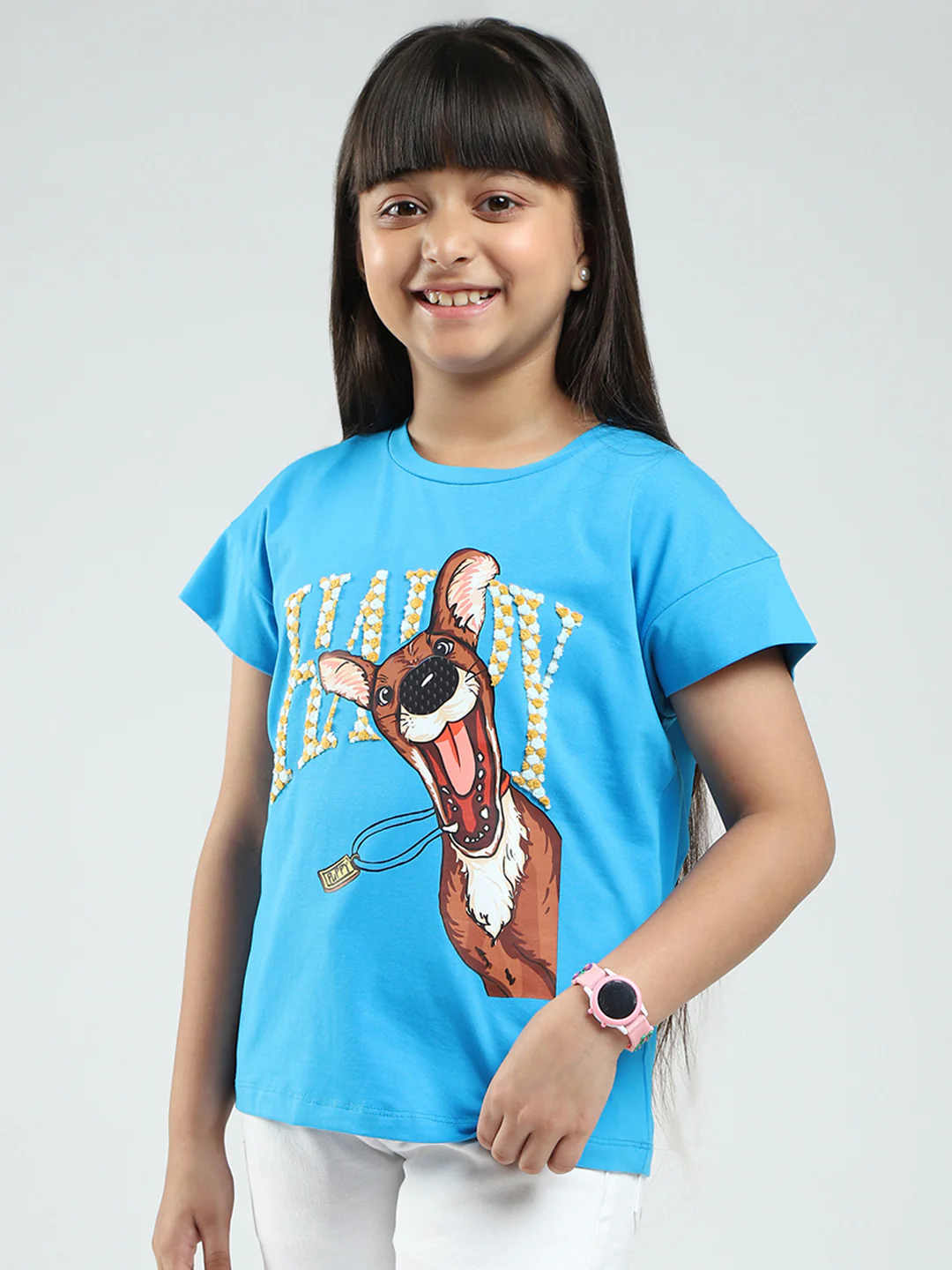 Girls Blue Printed Round Neck Half Sleeve Top - Image 3