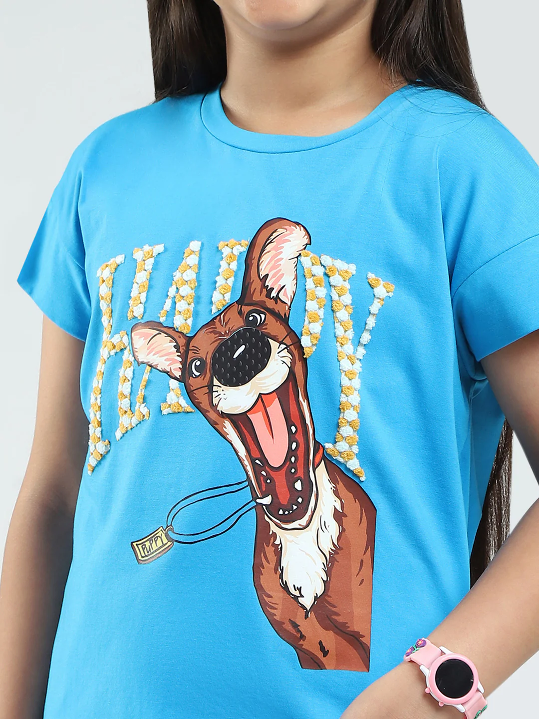 Girls Blue Printed Round Neck Half Sleeve Top - Image 6
