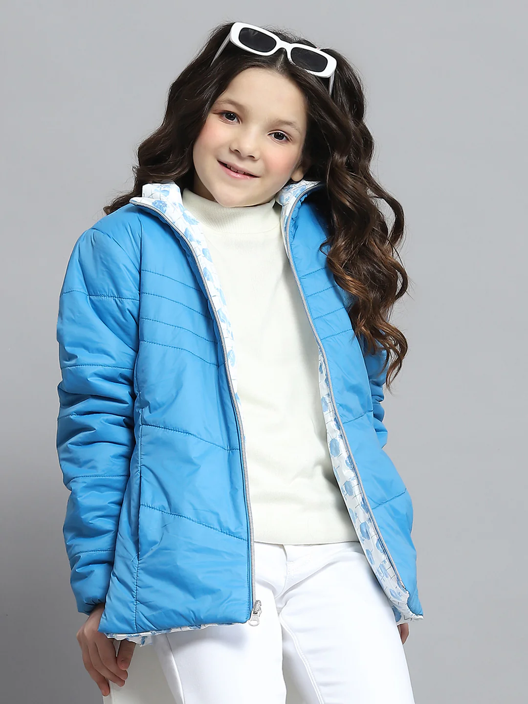 Girls Blue Self Design Collar Full Sleeve Reversible Jacket - Image 6
