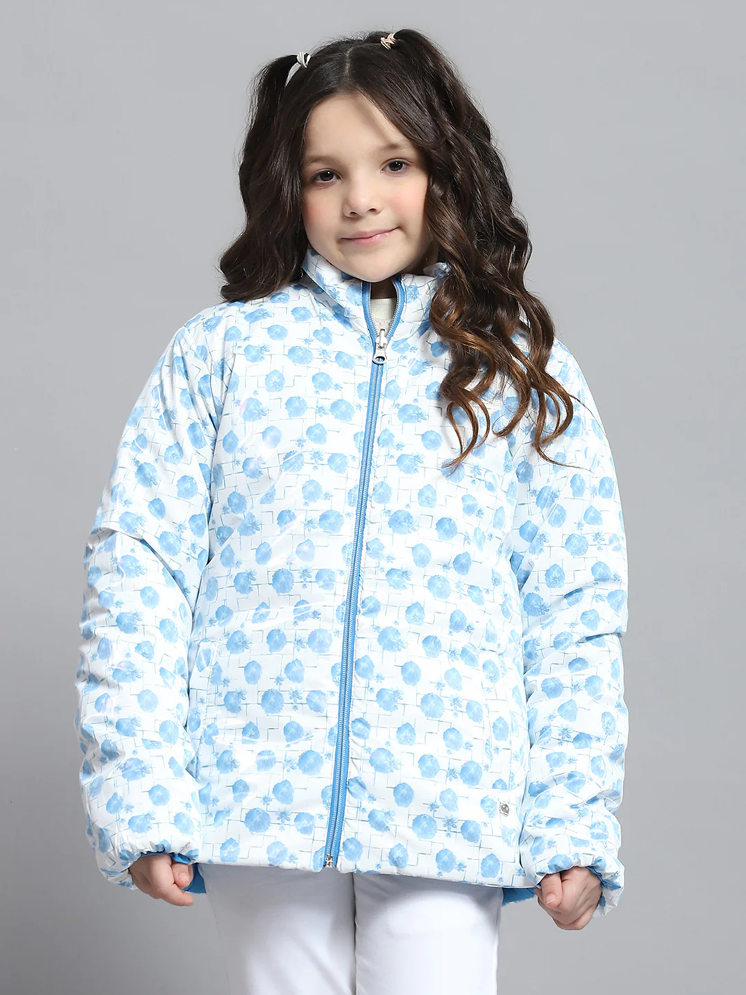Girls Blue Self Design Collar Full Sleeve Reversible Jacket - Image 7