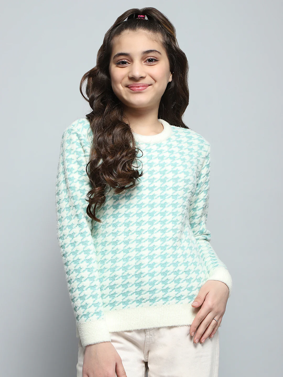 Girls Blue Self Design Round Neck Full Sleeve Winter Top