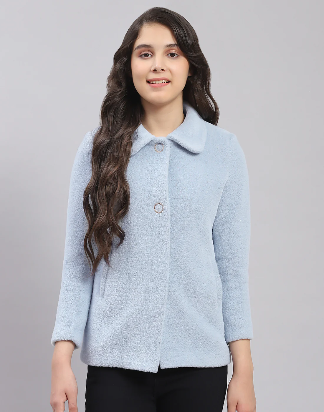 Girls Blue Solid Collar Full Sleeve Coat - Image 3