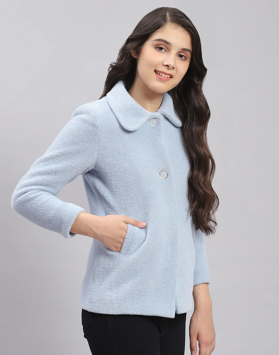 Girls Blue Solid Collar Full Sleeve Coat - Image 4