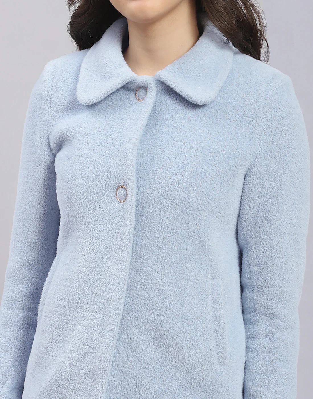 Girls Blue Solid Collar Full Sleeve Coat - Image 6