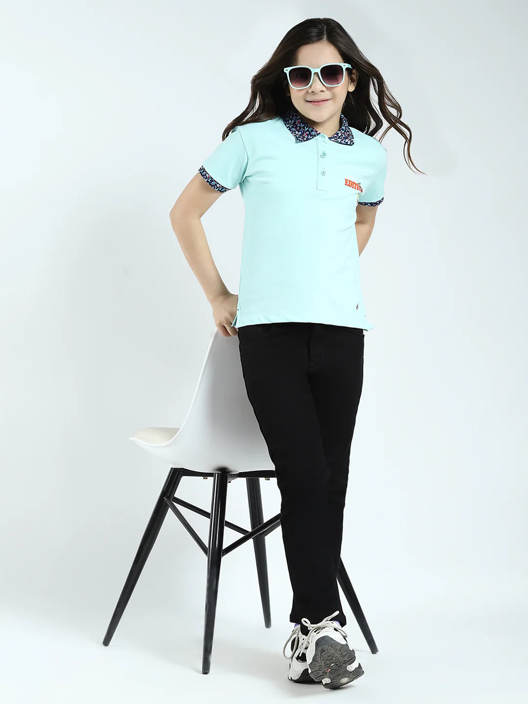 Girls Blue Solid Collar Half Sleeve T-Shirt - Image 2