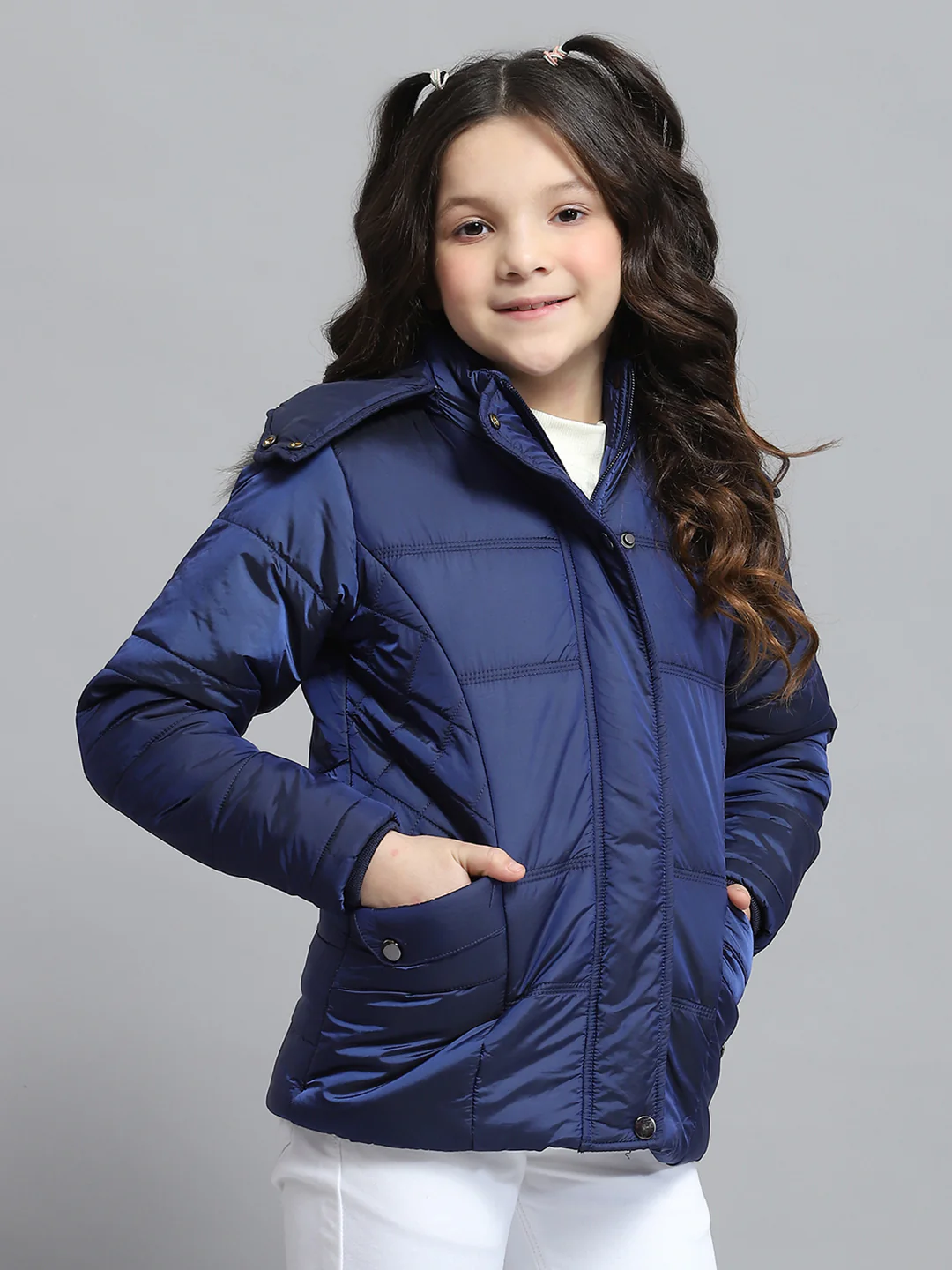 Girls Blue Solid Hooded Full Sleeve Jacket - Image 4