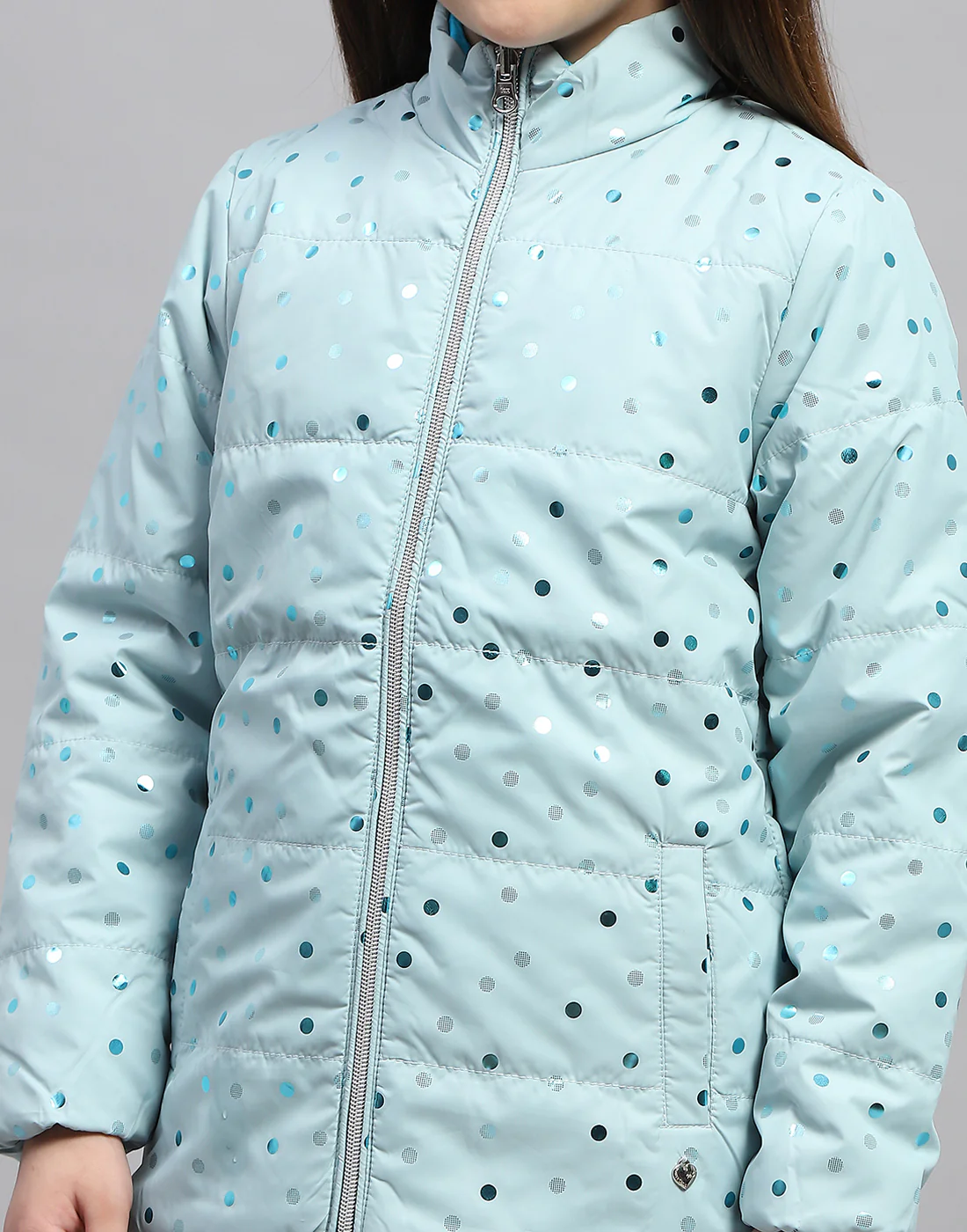Girls Blue Solid Mock Neck Full Sleeve Jacket - Image 10
