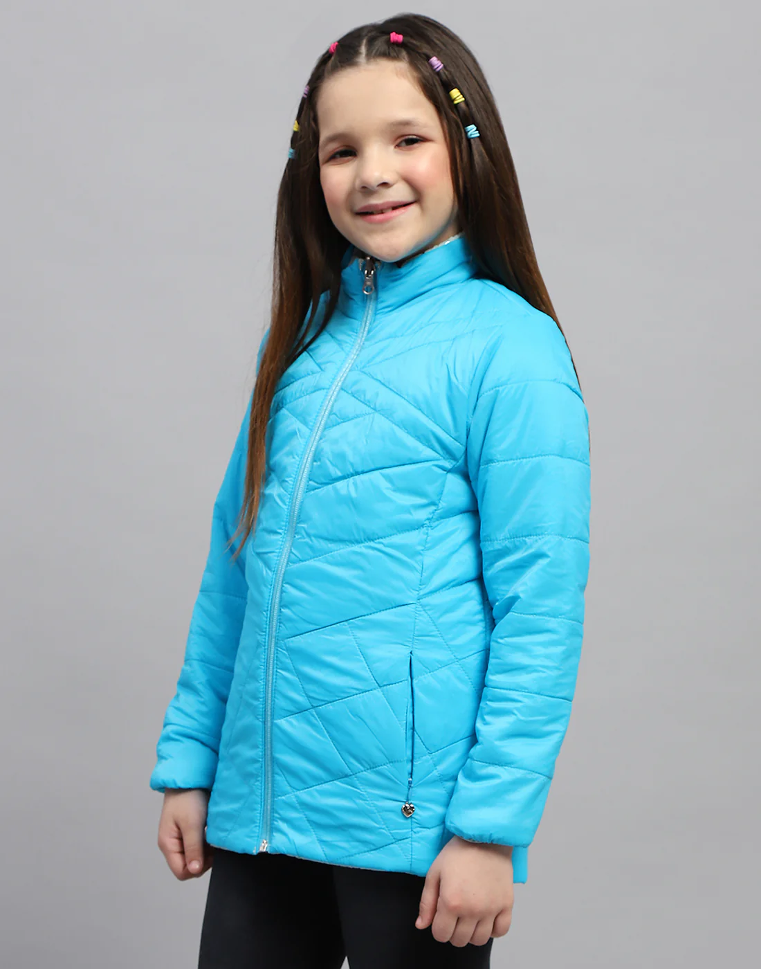 Girls Blue Solid Mock Neck Full Sleeve Jacket - Image 8