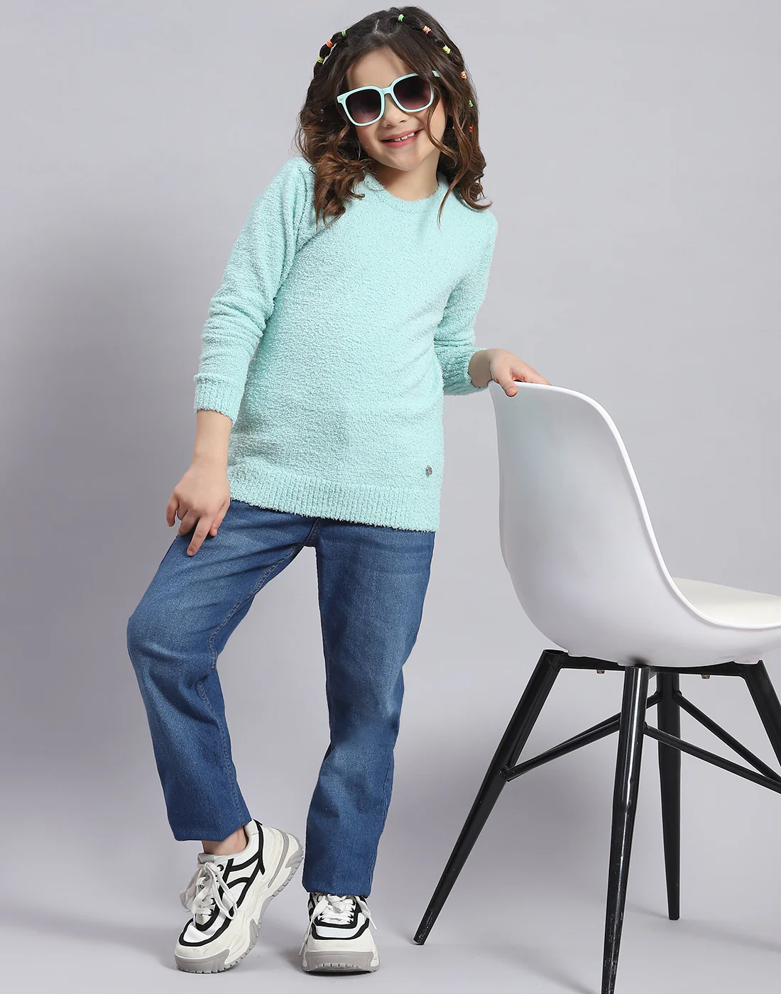 Girls Blue Solid Round Neck Full Sleeve Sweater - Image 2