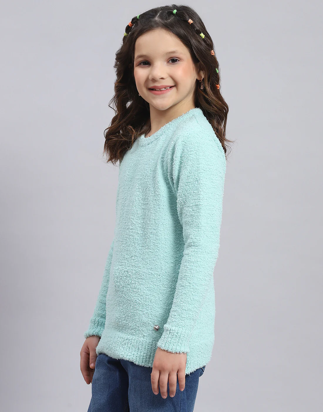 Girls Blue Solid Round Neck Full Sleeve Sweater - Image 3