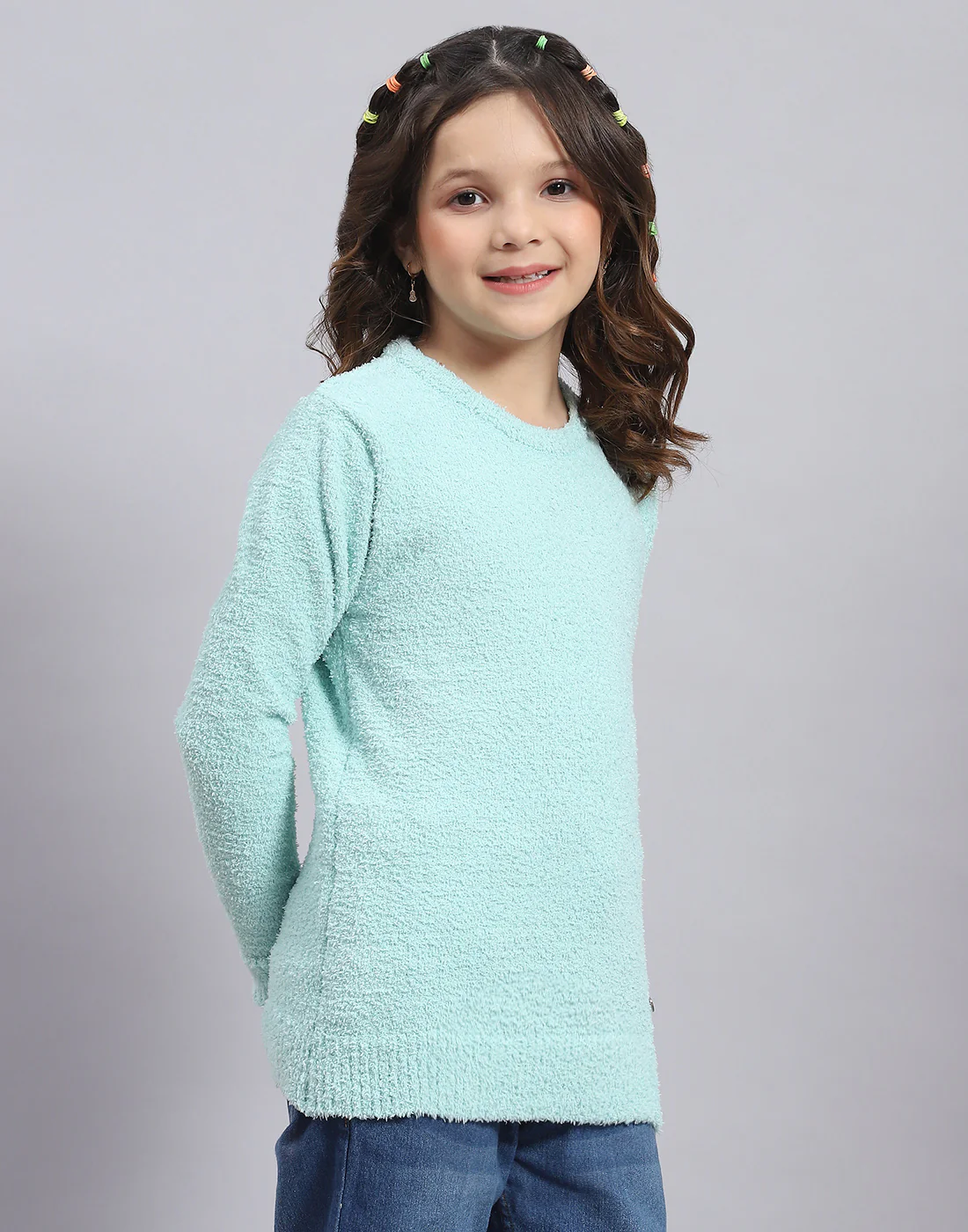 Girls Blue Solid Round Neck Full Sleeve Sweater - Image 4