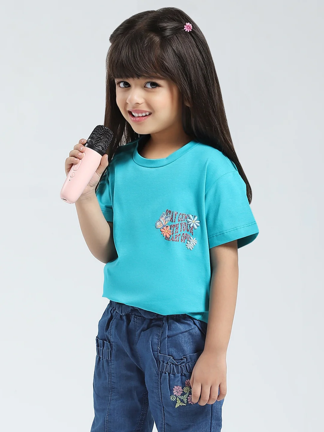 Girls Blue Solid Round Neck Half Sleeve Top - Image 6