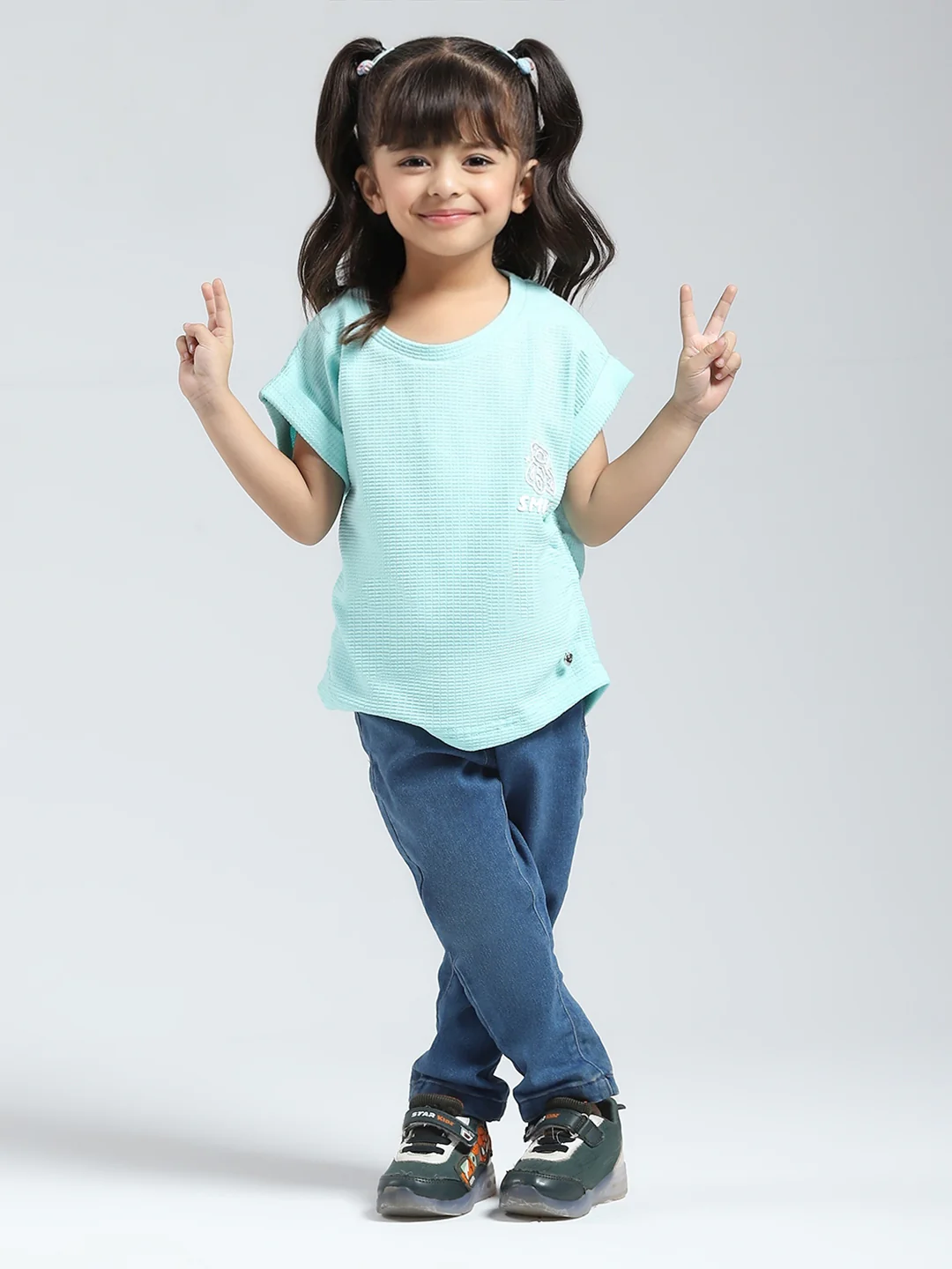 Girls Blue Solid Round Neck Half Sleeve Top - Image 2