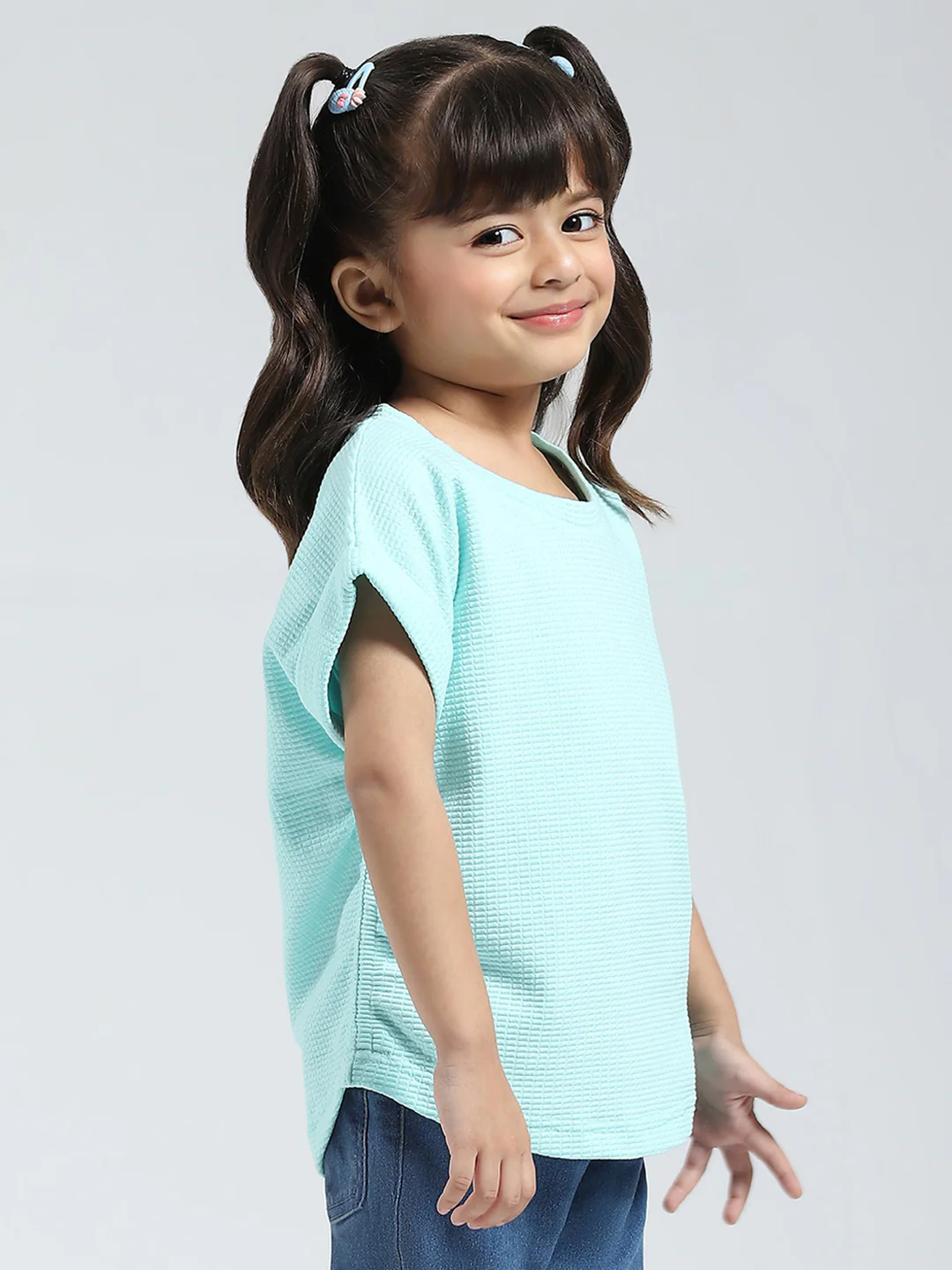 Girls Blue Solid Round Neck Half Sleeve Top - Image 4