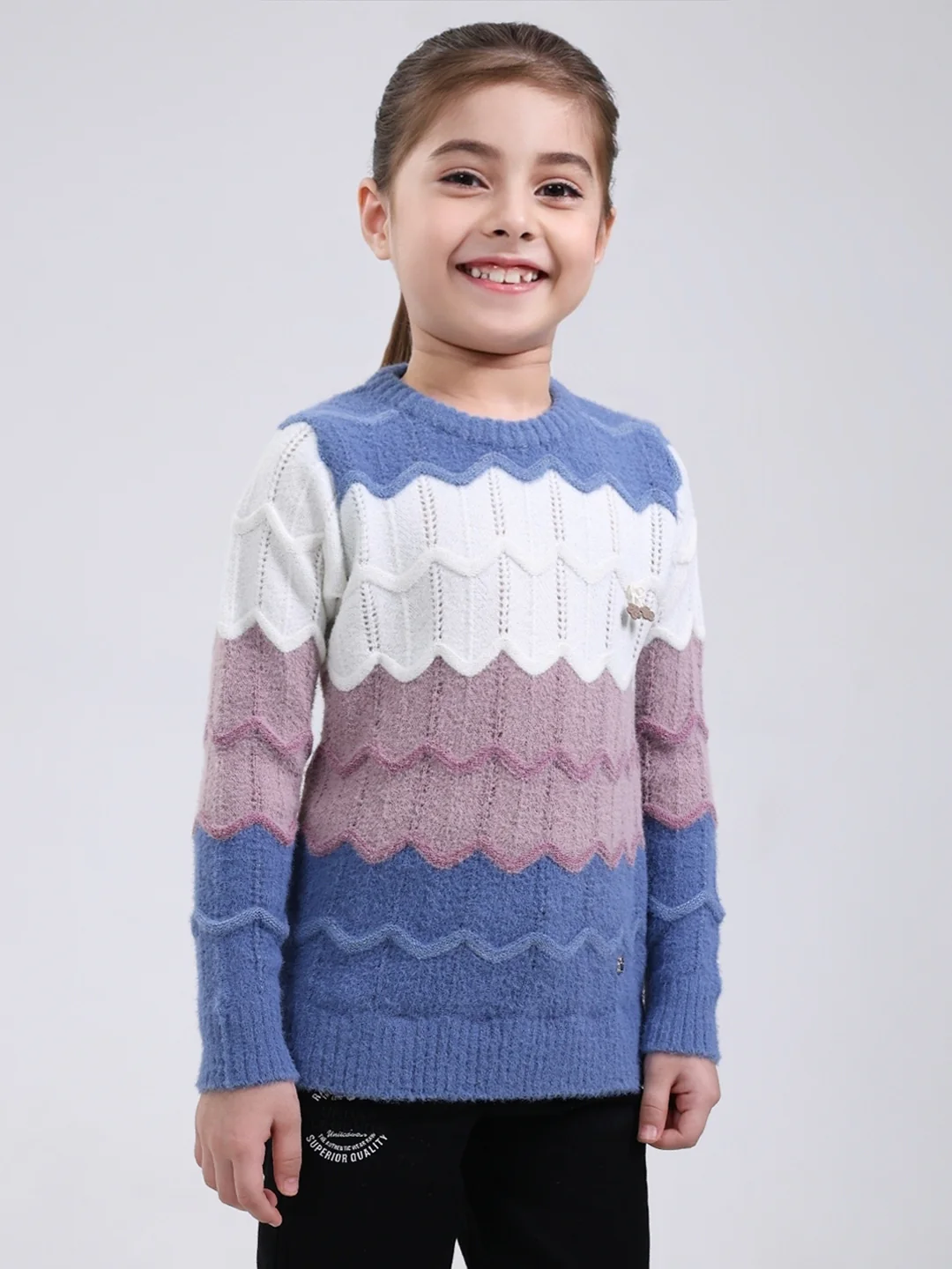 Girls Blue Stripe Round Neck Full Sleeve Pullover - Image 4