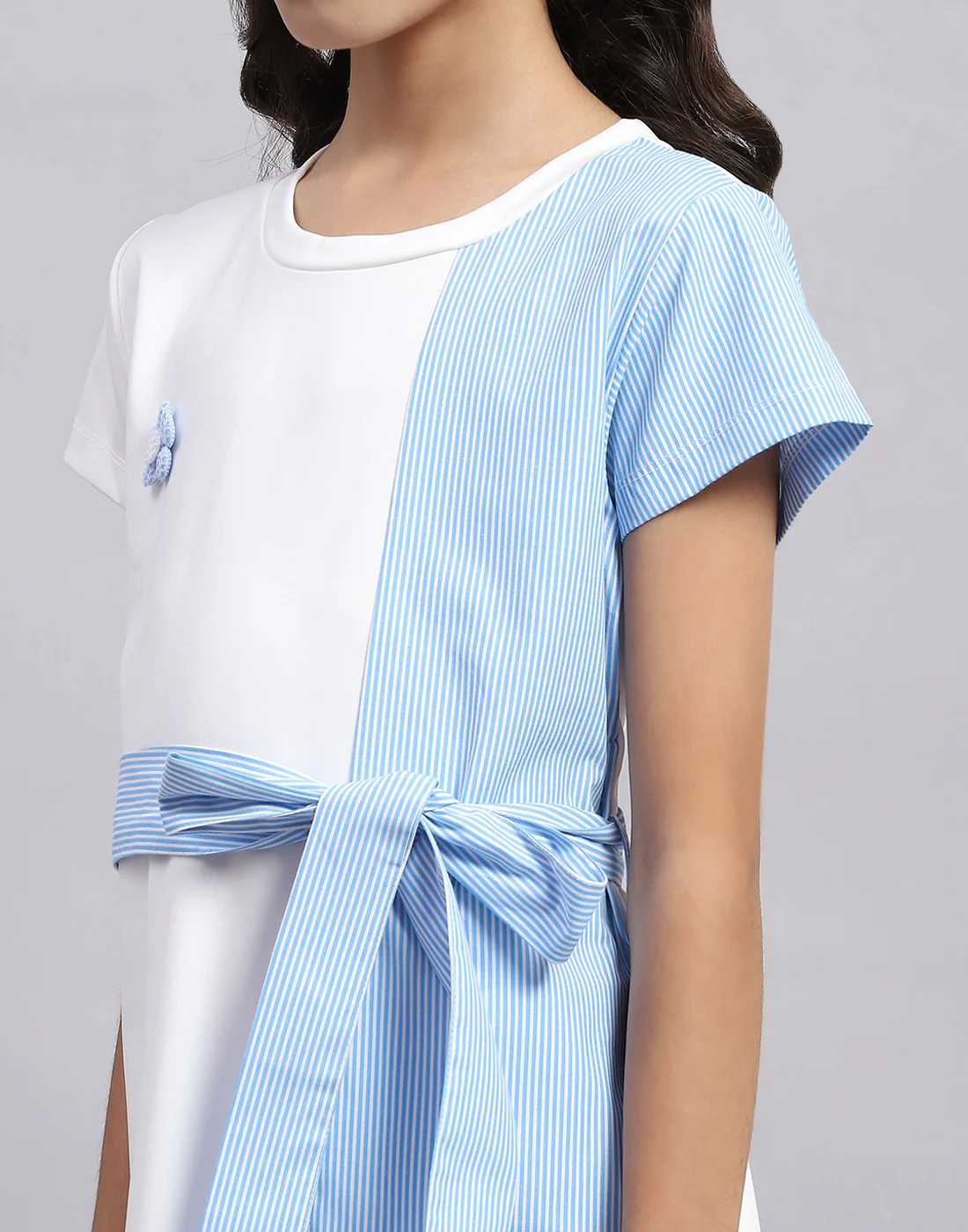 Girls Blue Stripe Round Neck Half Sleeve Dress - Image 7