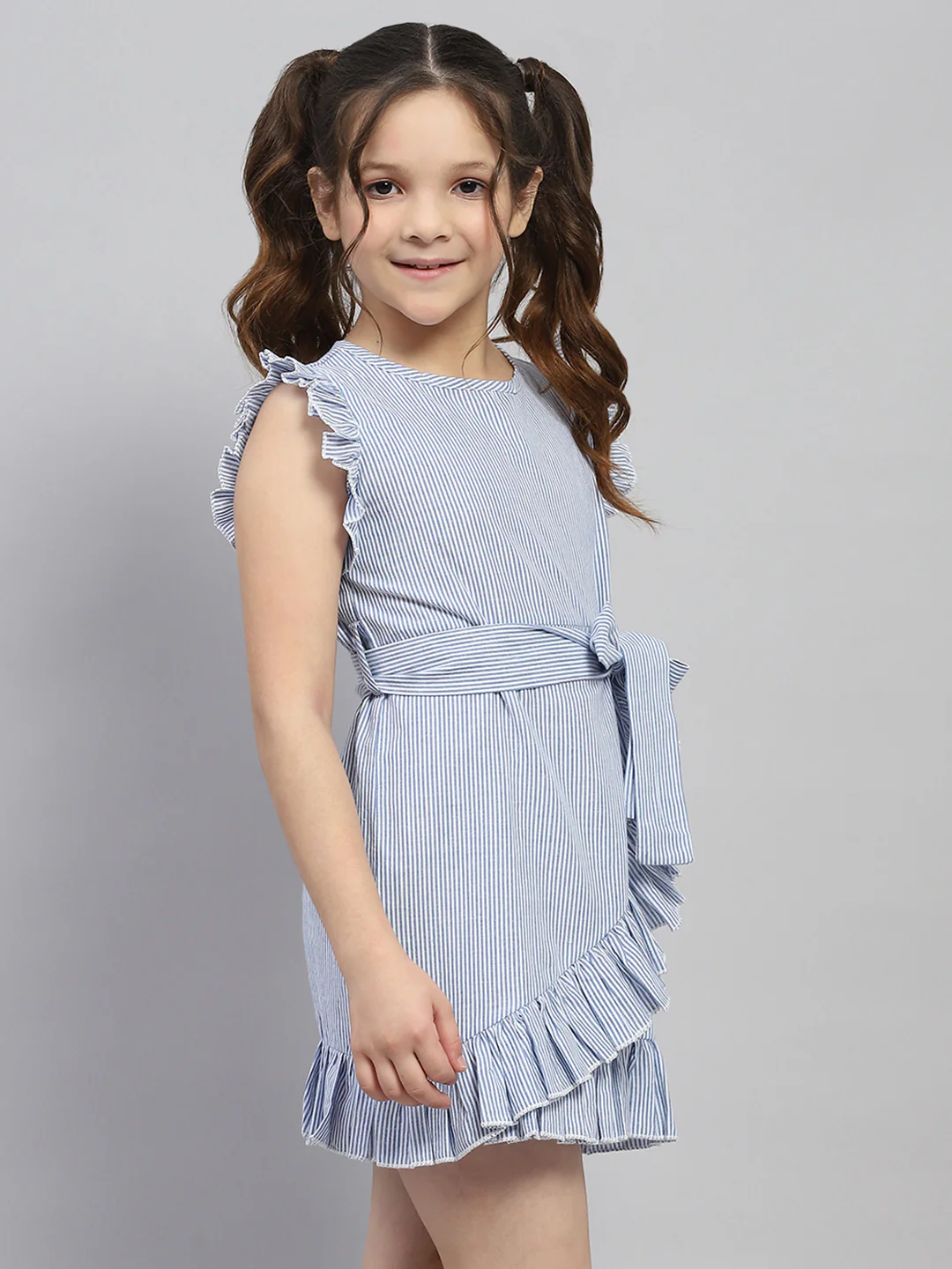 Girls Blue Stripe Round Neck Sleeveless Dress - Image 4
