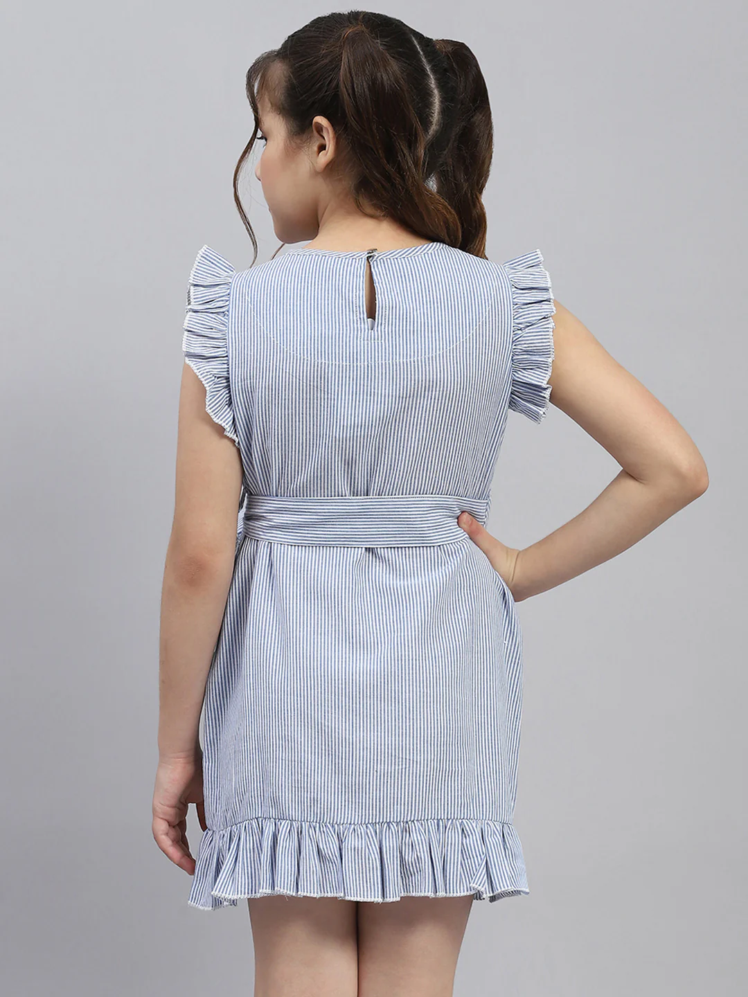 Girls Blue Stripe Round Neck Sleeveless Dress - Image 5